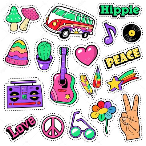 Fashion Hippie Badges Patches Stickers Van Mushroom Guitar And