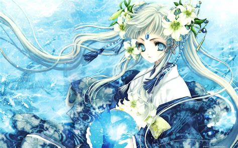 Water Blue Flowers Blue Eyes Long Hair Fantasy Art Goddess Twintails