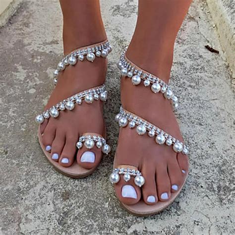 Women Sandals 2019 Fahsion Pearls Flat Sandals Women Casual Summer