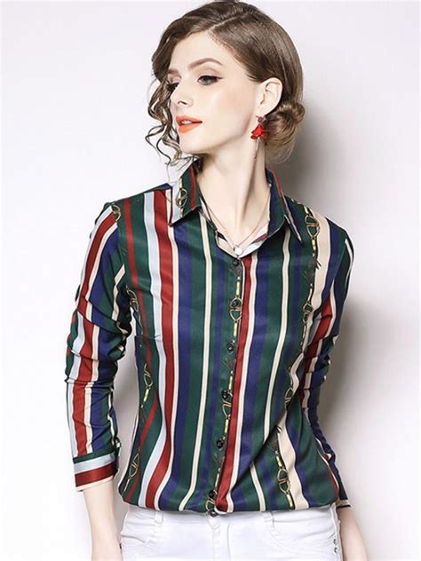 Printing Stripe Turn Down Collar Long Sleeves Womens Blouses Blouses