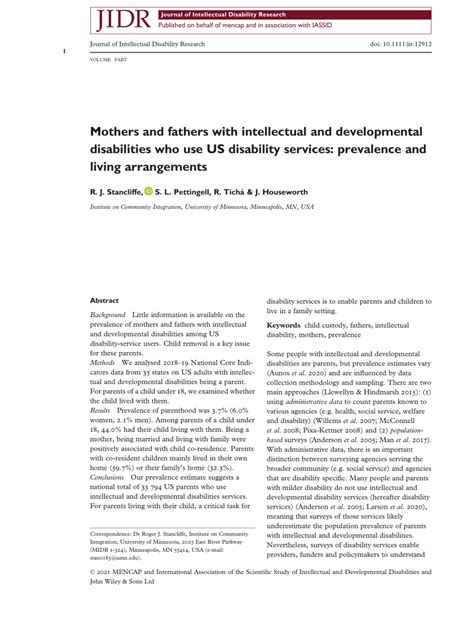 Pdf Mothers And Fathers With Intellectual And Developmental Disabilities Who Use Us Disability