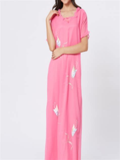 Buy Velvet By Night Pink Satin Half Sleeves Embroidered Full Nighty For Women Nightdress For