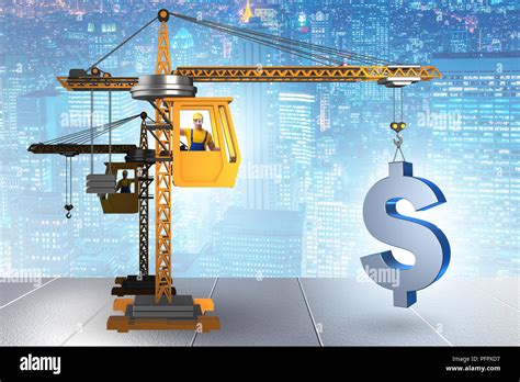 Construction crane lifting dollar in currency business concept Stock