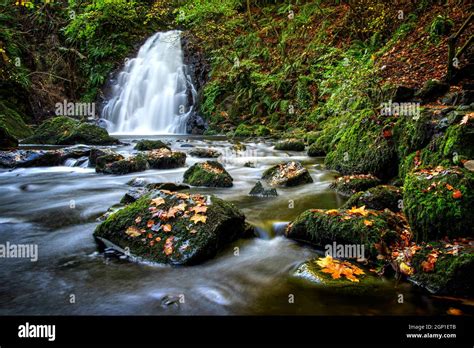 The Waterfall At Glenoe In The Glens Of Antrim Northern Ireland Stock