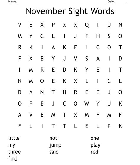 November Sight Words Word Search Wordmint