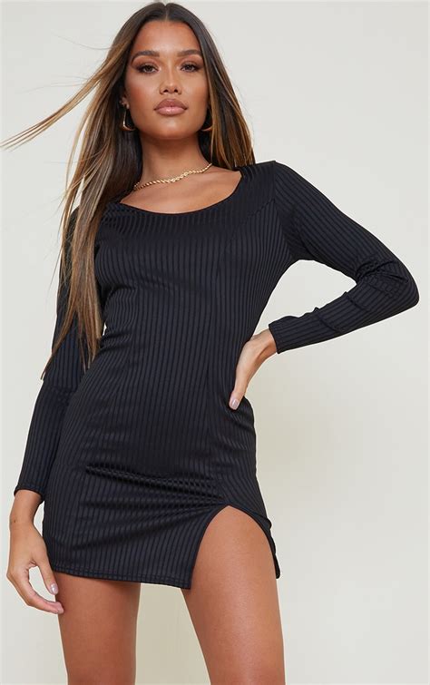 Black Ribbed Long Sleeve Split Hem Bodycon Dress Prettylittlething Usa