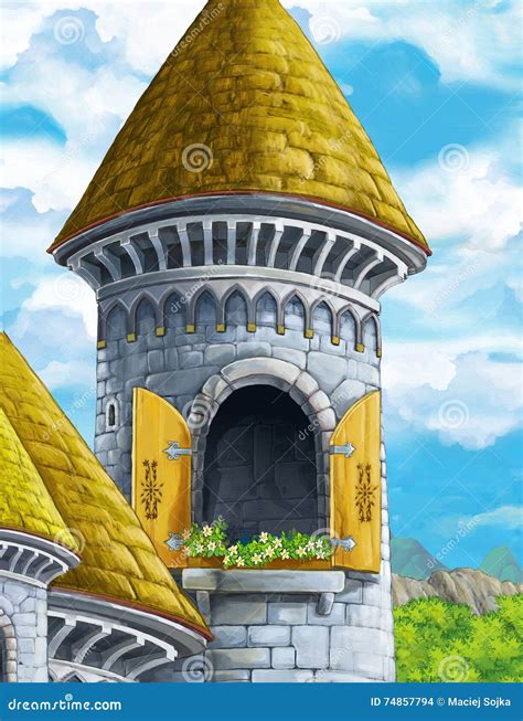 Cartoon Scene With Castle Tower Opened Window Nobody Stock