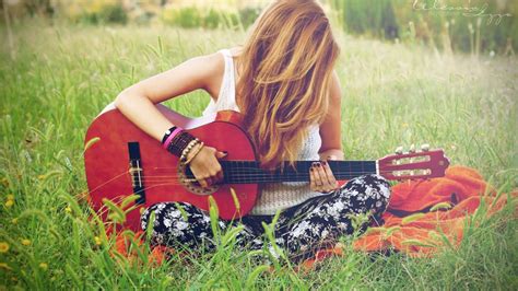 Wallpaper Women Outdoors Model Brunette Red Grass Guitar