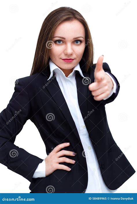 Young Happy Smiling Business Woman Pointing Finger At Viewer Isolated On White Stock Image