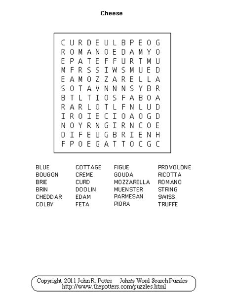 Johns Word Search Puzzles Kids Cheese