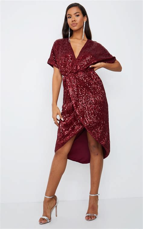 Burgundy Sequin Short Sleeve Wrap Midi Dress Prettylittlething
