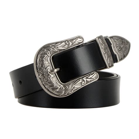 Women Leather Belts Ladies Vintage Western Design Black Waist Belt For