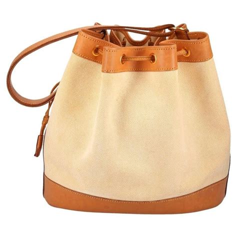 Hermes Vintage Cognac Leather Canvas Bucket Drawstring Carryall