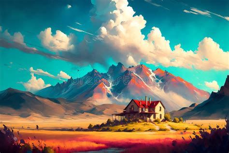 Painted Bright Landscape With A House Clouds And Mountain Digital