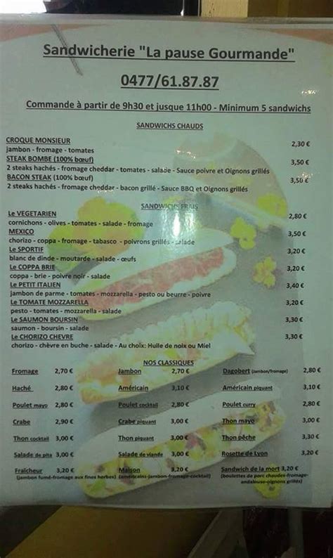 Menu Au La Pause Gourmande Sandwicherie Mouscron