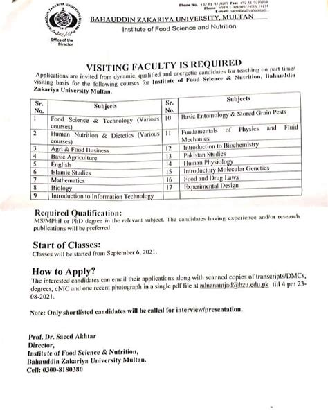 Bzu Require Visiting Faculty For Institute Of Food And Nutrition