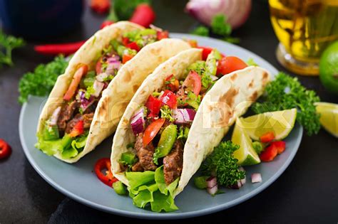 Mexican Tacos With Beef In Tomato Sauce And Salsa Stock Image Colourbox