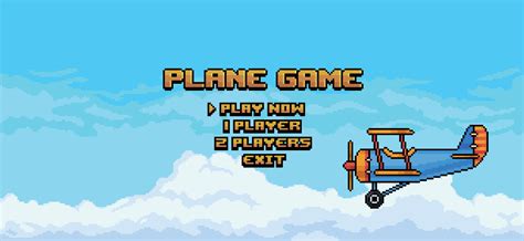 Pixel Art Plane Game Home Menu Blue Sky With Clouds Background Vector