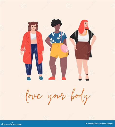 Love Your Body Flat Illustration Plus Size Female Models Cartoon