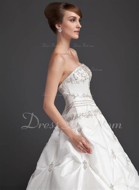 Ball Gown Strapless Cathedral Train Taffeta Wedding Dress With Ruffle