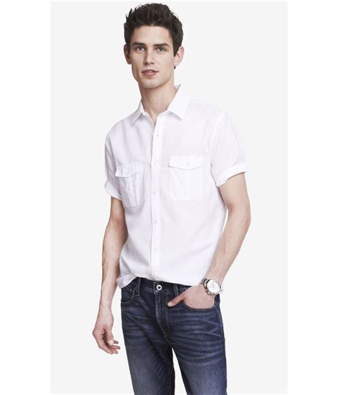 Express Linen Cotton Two Pocket Short Sleeve Shirt In White For Men Lyst