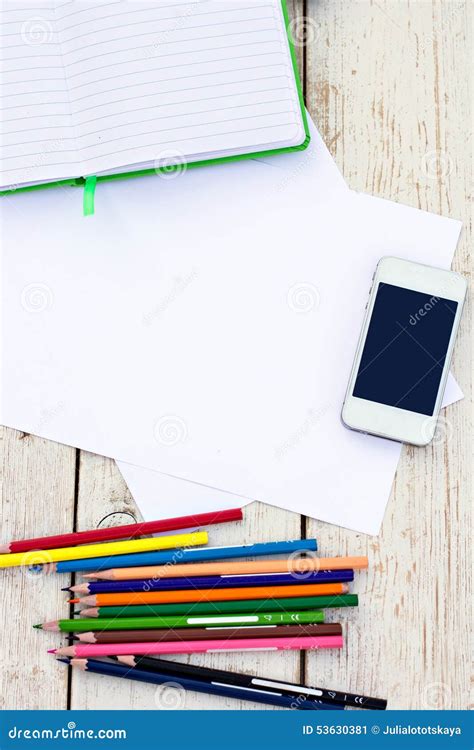 Colored Pencils Cell Phone And Paper Stock Image Image Of Blank