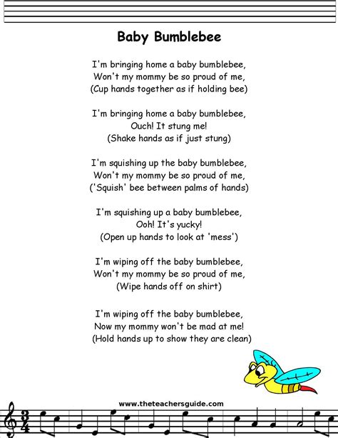Baby Bumblebee Lyrics Printout Midi And Video Preschool Songs