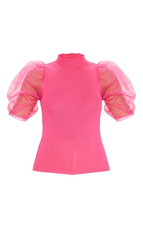 Hot Pink Organza Puff Sleeve Knitted Top Prettylittlething Ksa
