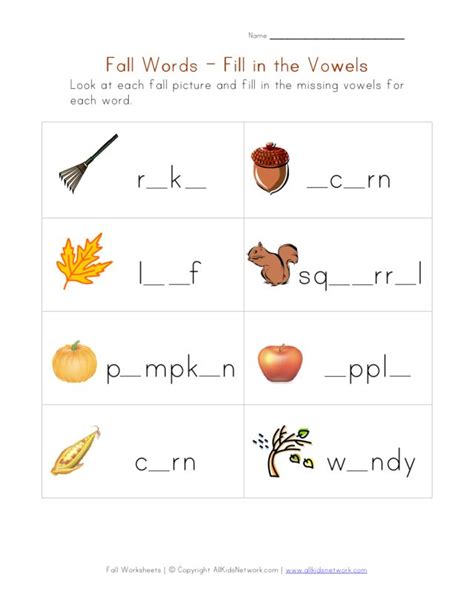 Fall Words Fill In The Vowels Worksheet For Kindergarten 1st Grade Lesson Planet