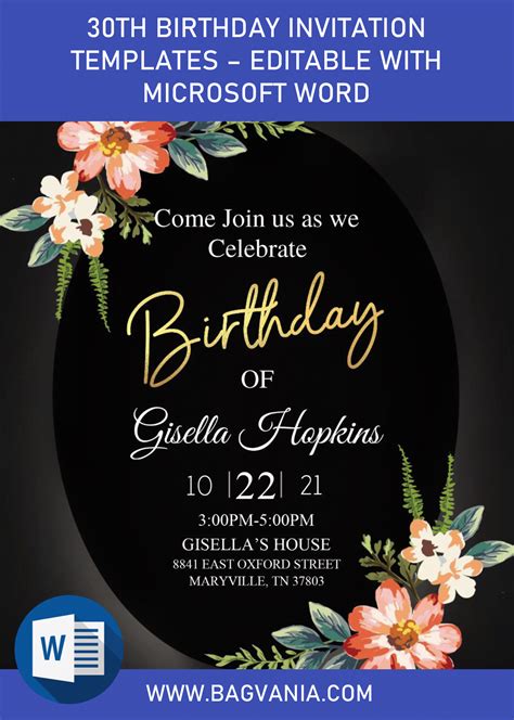 30th Birthday Invitation Templates Editable With Mircrosoft Word