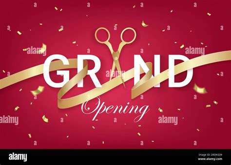 Grand Opening Invitation Card Poster Banner With Red Ribbon And Gold