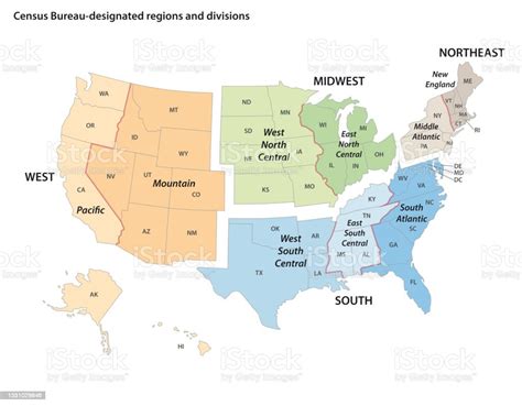 ilustración de mapa vectorial de las regiones y divisiones designadas por la oficina del censo