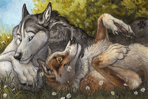 Furry Anthro Wolves Falling Flowers Romantic Animal Living