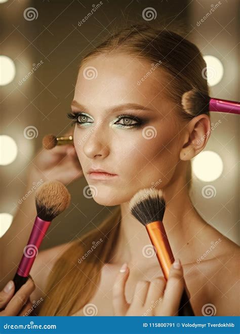 Visage Course Professional Make Up Woman Getting Powder On Skin With Brushes Makeup Stock