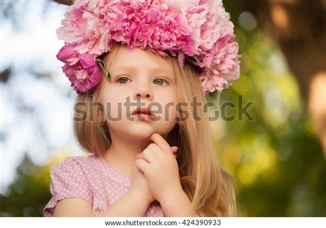 Beautiful Baby Girl Pink Flowers Outdoors Stock Photo Edit Now 424390933