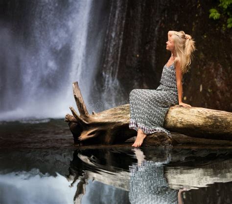 Woman Meditating Near Waterfall Stock Photo Image Of Life Balance