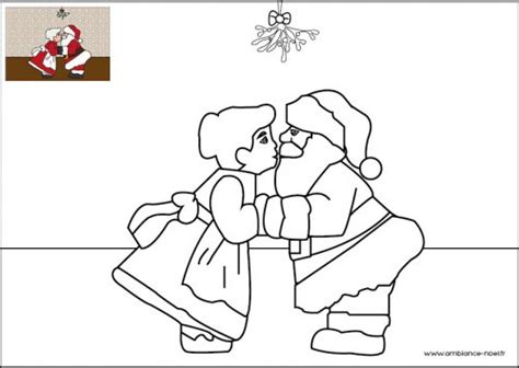 Coloriage de Noël, La Mère Noël et le Père Noël sous le gui à
