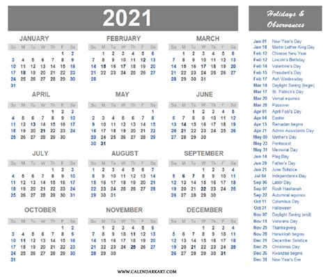 2021 Calendar Holidays And Observances Printable Calendars 2022