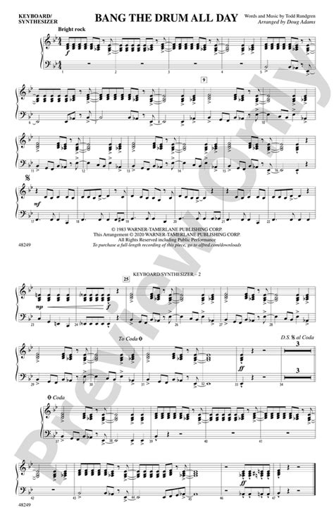 Bang The Drum All Day Piano Accompaniment Piano Accompaniment Part Digital Sheet Music Download
