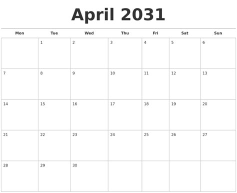 April 2031 Calendars Free