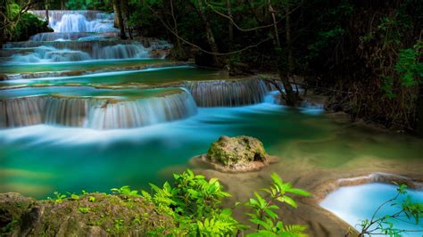 Beautiful Tropical Waterfall With Cascades Trees Water Huay Mae Kamin Waterfall Kanchanaburi