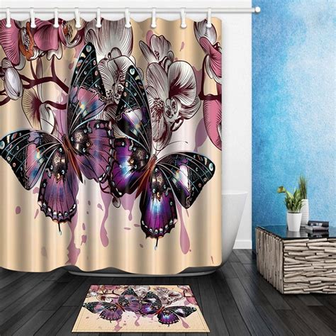 Purple Butterflies And Flowers In Beige Waterproof Polyester Fabric