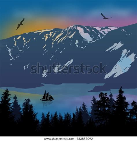 Beautiful Landscape On Mountains Near Water Stock Vector Royalty Free