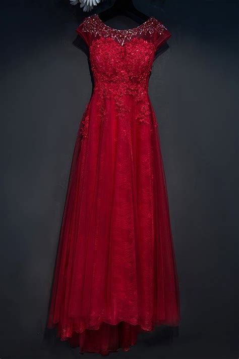 Stunning Scoop Low Back Cap Sleeve Red Lace Prom Party Dress With Crystals
