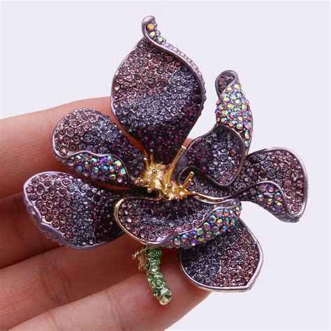 Bella Fashion Purple Gold Orchid Flower Brooch Pins Austrian Crystal