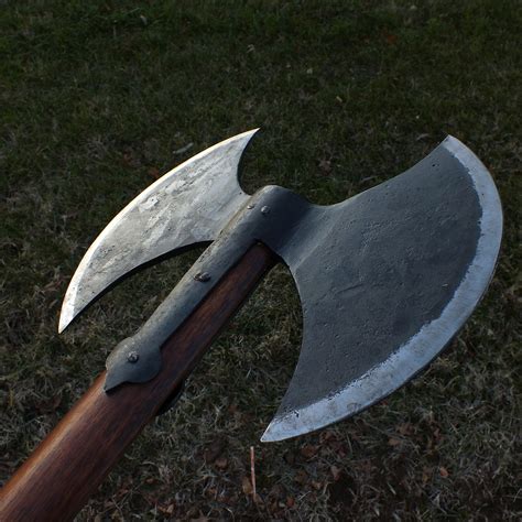 Double Headed Medieval Barbarian Battle Axe With Brass Studded Handle