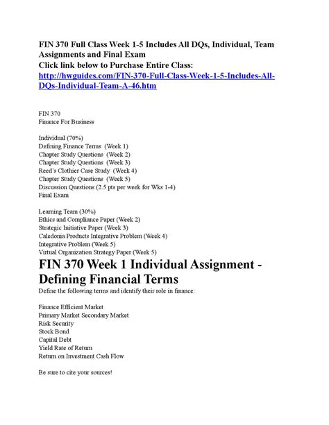 Fin 370 Complete Class Week 1 5 Includes All Dqs Individual Team