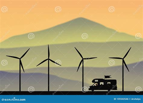 Cartoon Retro Car Between Windmills On Road At Morning Stock Vector