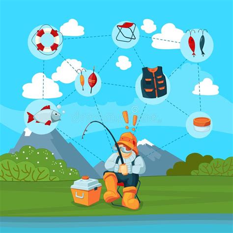 Vector Illustration With Fisherman And Cartoon Fishing Stock Vector
