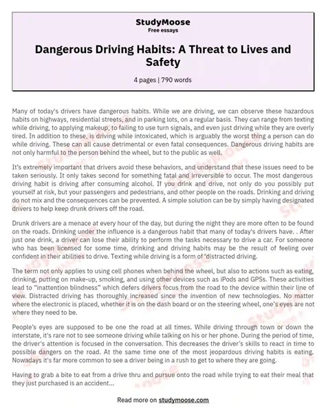 Dangerous Driving Habits A Threat To Lives And Safety Free Essay Example